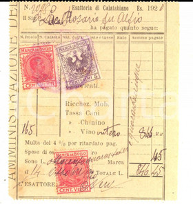 Documento originale, autentico 1920 CALATABIANO Ricevuta a Rosario DE LUCA per imposta su vino Bolli 1