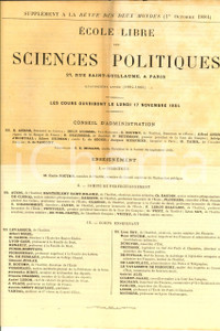 Materiale pubblicitario d’epoca 1884 PARIS Ecole libre des Sciences Politiques  Programme et organisation 1