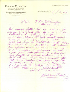 Manoscritto, lettera originale 1923 TOVO SAN GIACOMO SV Lettera Pietro ODDO produttore frutta e olio oliva 1