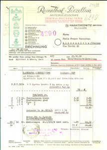 Documento originale, autentico 1950 MARKTREDWITZ Ordine e spedizione ditta ROSENTHAL  PORZELLAN 1