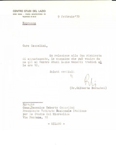 Autografo originale 1970 ROMA CENTRO STUDI DEL LAZIO Gilberto BERNABEI fissa appuntamento AUTOGRAFO 1