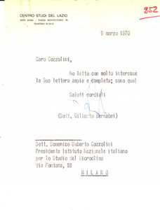 Autografo originale 1970 ROMA CENTRO STUDI DEL LAZIO Lettera Gilberto BERNABEI a COZZOLINI AUTOGRAFO 1