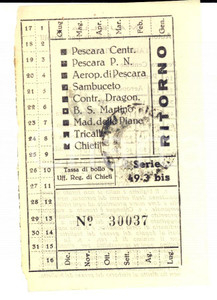 Oggetto da collezione cartaceo 1948 Autolinea PESCARA CENTRALE  CHIETI Biglietto con bolli 1