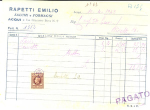 Manoscritto, lettera originale 1942 ACQUI TERME Emilio RAPETTI Salumi e formaggi Fattura con bollo DANNEGGIATA 1
