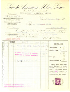 Documento originale, autentico 1943 COMO SocietÃ  Anonima MOLINI LARIO Fattura per farina tipo unico 1