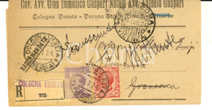 Oggetto da collezione cartaceo 1924 STORIA POSTALE COLOGNA VENETA Fascetta Gian Domenico GASPARI Raccomandata 1