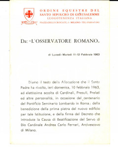 Libro, pubblicazione d epoca 1963 MILANO Ordine del SANTO SEPOLCRO Allocuzione Papa per Seminario Lombardo 1