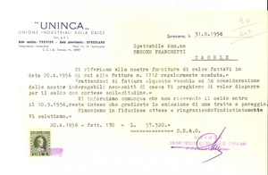 Documento originale, autentico 1956 SPRESIANO SocietÃ  UNINCA Unione Industriali Calce Lettera commerciale 1