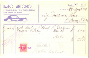 Documento originale, autentico 1939 SAN DONA  DI PIAVE Antonio BALDO noleggio automobili Fattura bolli 1