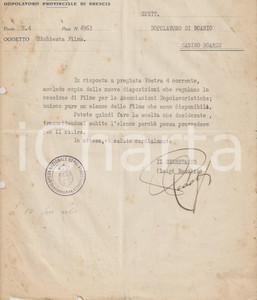 Documento originale, autentico 1927 OND BOARIO Lettera Luigi REDOLFI sulla cessione dei film al dopolavoro 1