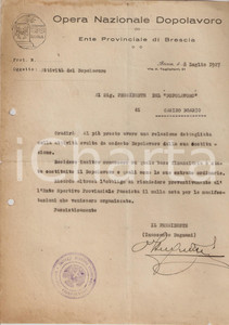 Documento originale, autentico 1927 OND BRESCIA Lettera Innocente DUGNANI per relazione su attivitÃ  locali 1