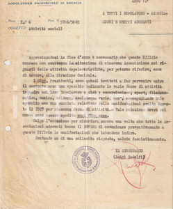 Documento originale, autentico 1927 OND BRESCIA Luigi REDOLFI chiede relazione su attivitÃ  locali Lettera 1