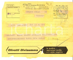 Documento originale, autentico 1953 TORINO Telegramma pubblicitario OLIVETTI DIVISUMMAYOMO VINTAGE 1