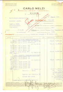 Documento originale, autentico 1949 MILANO Ditta Carlo MELZI Prodotti chimici industriali Fattura intestata 1