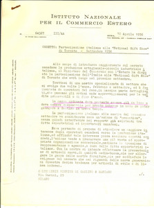 Documento originale, autentico 1956 ROMA COMMERCIO ESTERO Partecipazione alla National Gift Show di Toronto 1