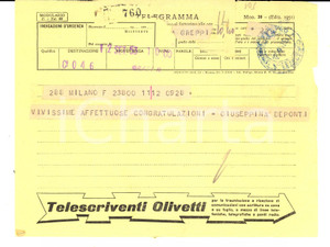 Documento originale, autentico 1953 TORINO Telegramma pubblicitario Telescriventi OLIVETTI  YOMO VINTAGE 1