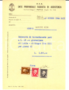 Documento originale, autentico 1944 RSI WW2 PAVIA PFR IndennitÃ  di bombardamento ad Alda GANDINI Bolli 1