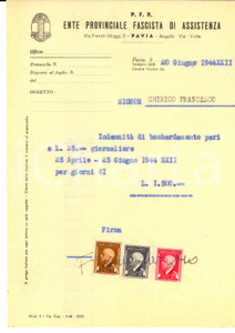 Documento originale, autentico 1944 RSI WW2 PAVIA PFR IndennitÃ  di bombardamento a Francesco CHIRICO Bolli 1