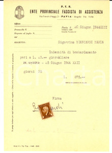 Documento originale, autentico 1944 RSI WW2 PAVIA PFR IndennitÃ  di bombardamento a Maria BIANCARDI Bolli 1