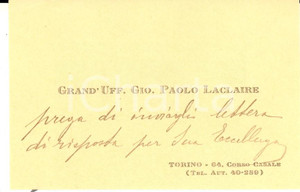 Autografo originale 1925 TORINO Biglietto da visita grand uff. Giovanni Paolo LACLAIRE AUTOGRAFO 1