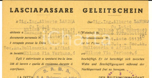 Documento originale, autentico 1943 WW2 RSI MILANO Lasciapassare ing. Alberto LANDRA  soc. an. BULLONERIA 1