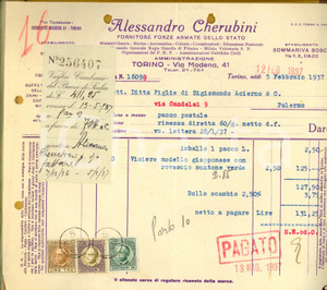 Documento originale, autentico 1937 TORINO Alessandro CHERUBINI Fornitore Forze Armate Fattura con bolli 1