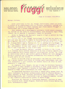 Materiale pubblicitario d’epoca 1939 ROMA Società Anonima FIUGGI Lettera pubblicitaria per accesso stabilimenti 1