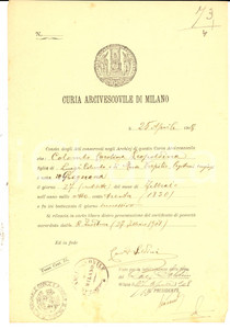 Documento originale, autentico 1908 PREGNANA MILANESE Certificato battesimo di Carolina COLOMBO Curia MILANO 1