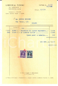 Documento originale, autentico 1959 BOLOGNA Libreria FORNI  Fattura intestata per opere J. SIMON Bolli 1