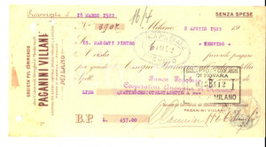 Documento originale, autentico 1922 MILANO Ditta PAGANINI & VILLANI Coloniali e droghe Assegno pubblicitario 1