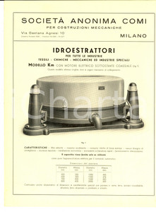 Materiale pubblicitario d’epoca 1940 ca MILANO SocietÃ  Anonima COMI Idroestrattori per industrie Pubblicitario 1