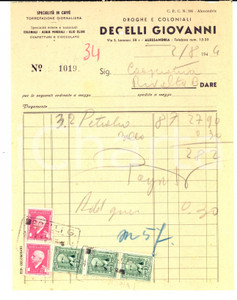 Documento originale, autentico 1944 ALESSANDRIA Droghe e coloniali Giovanni DECELLI Fattura con bolli 1