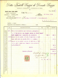 Documento originale, autentico 1924 MILANO Via Sotocorno 54 Fratelli GREPPI  Costruzioni in ferro Fattura 1