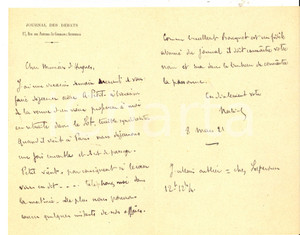 Autografo originale 1937 PARIS Etienne BANDY DE NALECHE chiede incontro a Pierre d HUGUES Autografo 1
