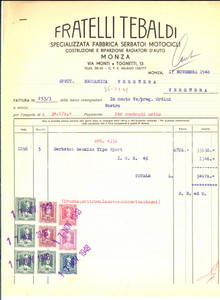 Documento originale, autentico 1948 MONZA Fratelli TEBALDI Fabbrica serbatoi Fattura intestata bolli 1