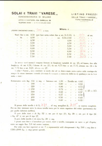 Documento originale, autentico 1940 ca MILANO Via Casella 38 Ditta solai e travi VARESE  Listino prezzi 1