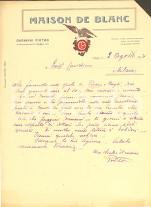 Manoscritto, lettera originale 1921 CAGLI PS Lettera Pietro GARAVINI  Ditta MAISON DE BLANC Carta intestata 1
