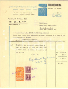 Documento originale, autentico 1951 MILANO Ditta TECNOCINEMA Macchine per il cinema  Fattura intestata 1