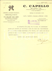 Manoscritto, lettera originale 1930 MILANO Ditta C. CAPELLO Fabbrica viti e bulloni  Lettera commerciale 1
