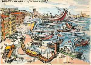 Cartolina originale da collezione 1965 TRIESTE Navi spinte a Riva dalla Bora Cartolina Illustrata Aldo ARONNE 1