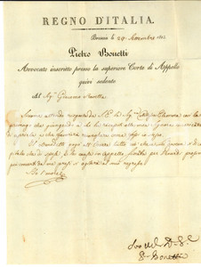 Manoscritto, lettera originale 1813 BRESCIA Avv. Pietro BONETTI chiede di recapitare una lettera a una contessa 1