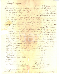 Manoscritto, lettera originale 1834 MILANO Marietta ALBERTINI invia conto per tenda e raccomandazioni stoffa 1