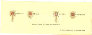 Documento originale, autentico 1909 PASSIRANO Nozze Ezechiele MALIZIA  Clotilde BENDISCIOLI Partecipazione 1