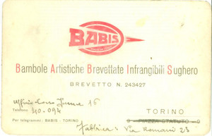 Documento originale, autentico 1935 ca TORINO Bambole Artistiche Brevettate Infrangibili Sughero BABIS 1