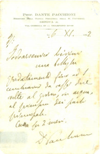 Autografo originale 1929 GENOVA Dante PACCHIONI Direttore Clinica Pediatrica Ricetta AUTOGRAFO 1