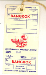 Materiale pubblicitario d’epoca 1970 ca SCANDINAVIAN AIRLINES SYSTEM Baggage check  Bangkok Etichetta bagagli 1
