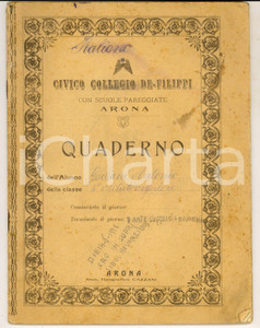 Oggetto da collezione cartaceo 1928 ARONA Civico Collegio DE FILIPPI Quaderno Antonio GIULIANI italiano 1