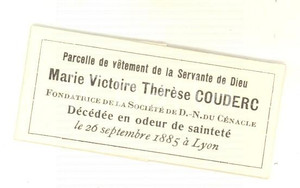 Oggetto da collezione cartaceo 1910 ca RELIQUIA  Serva di Dio Thérèse COUDERC particella delle vesti 1