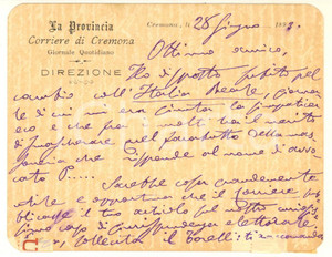 Autografo originale 1893 CREMONA LA PROVINCIA Direttore Ettore SACCHI promette articolo Autografo 1