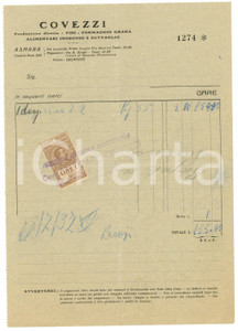 Documento originale, autentico 1937 AOI ASMARA Ditta COVEZZI Vini, formaggio e alimentari Fattura con bollo 1